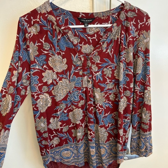 Lucky Brand Rust & Blue Floral High Low Henley Top Women’s Size Medium - Picture 5 of 7